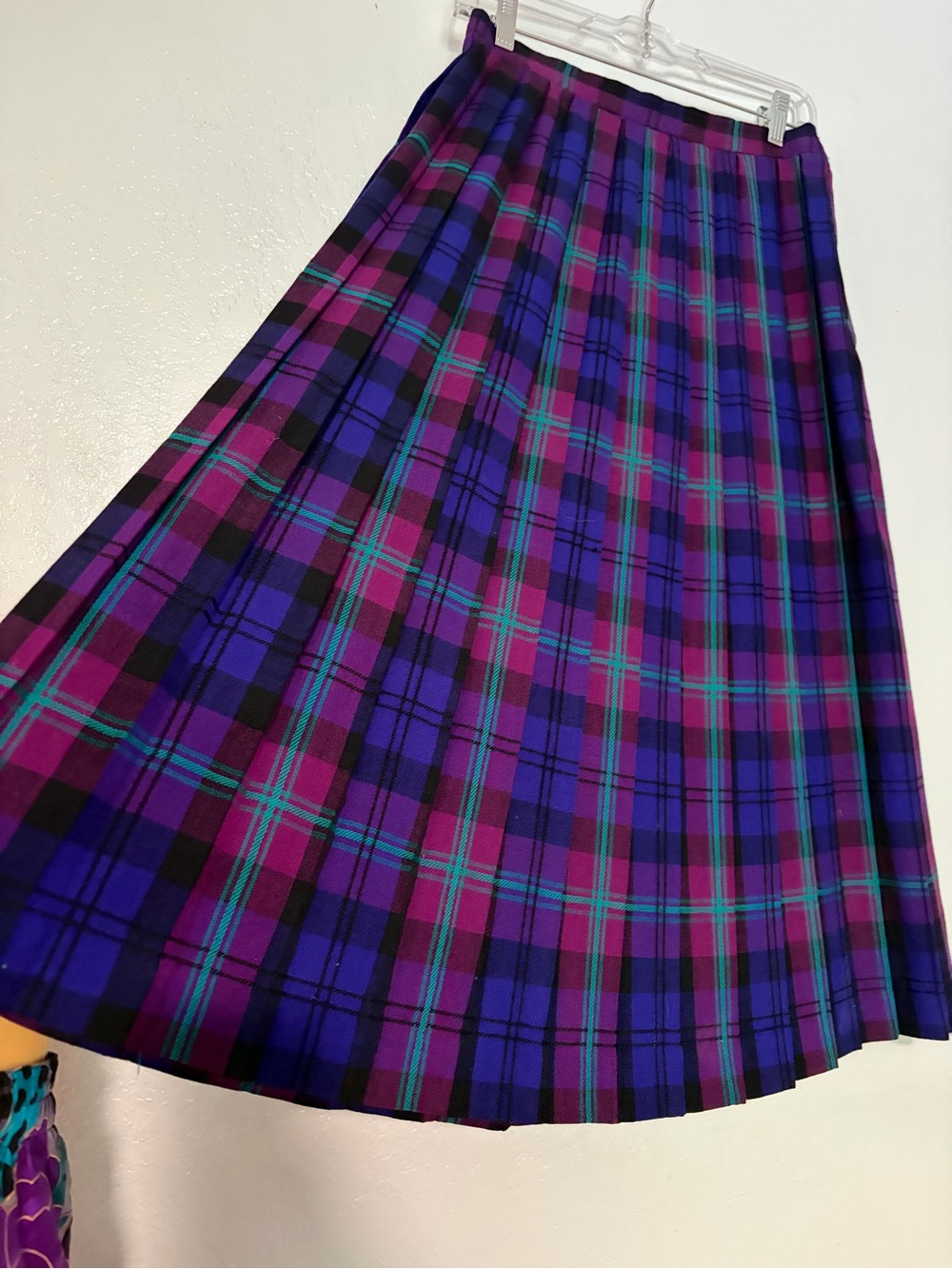 Vintage 100% Wool Purple Plaid Pleated Midi Skirt Made in USA